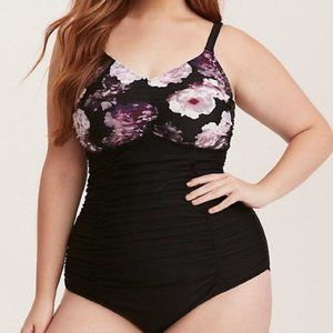 TORRID black purple roses one piece swimsuit Size 5 EUC